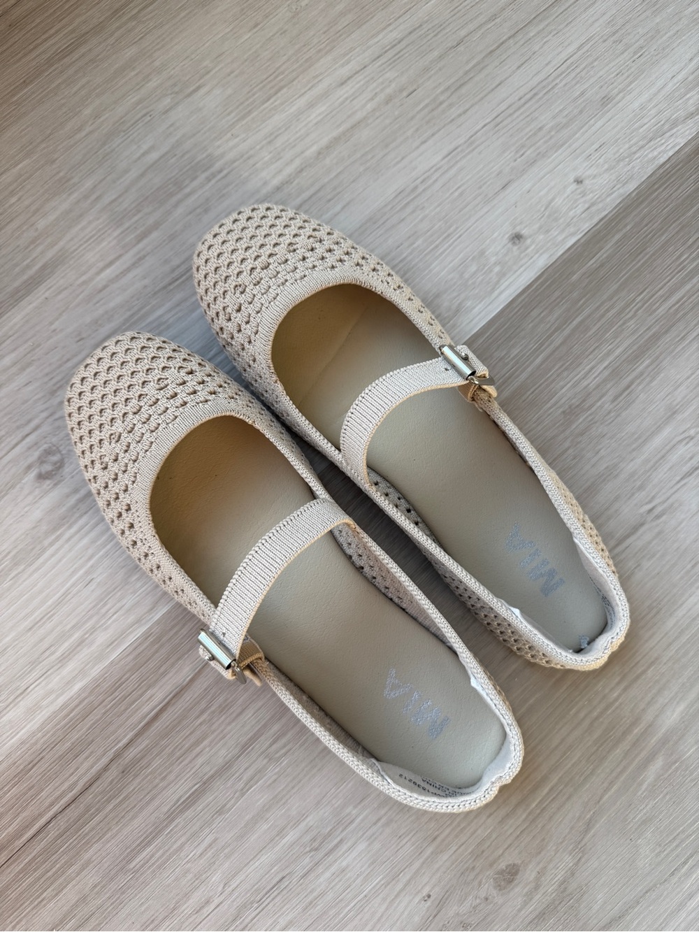 Knit Mary Jane Flats in Light Beige with Buckle Strap